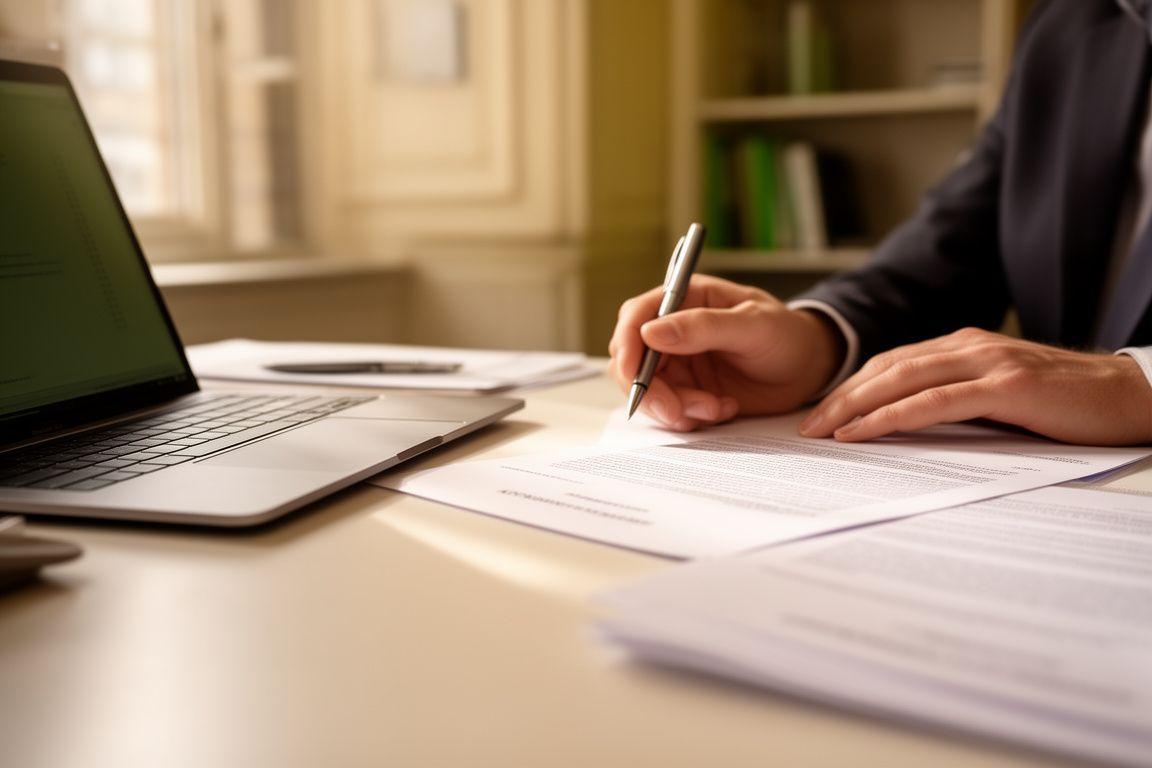 Solicitor reviewing a contract in a calm London office with warm natural light and a laptop open on the desk